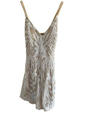 Lulu’s Sequins Nude & White V-Neck Cocktail Short Romper